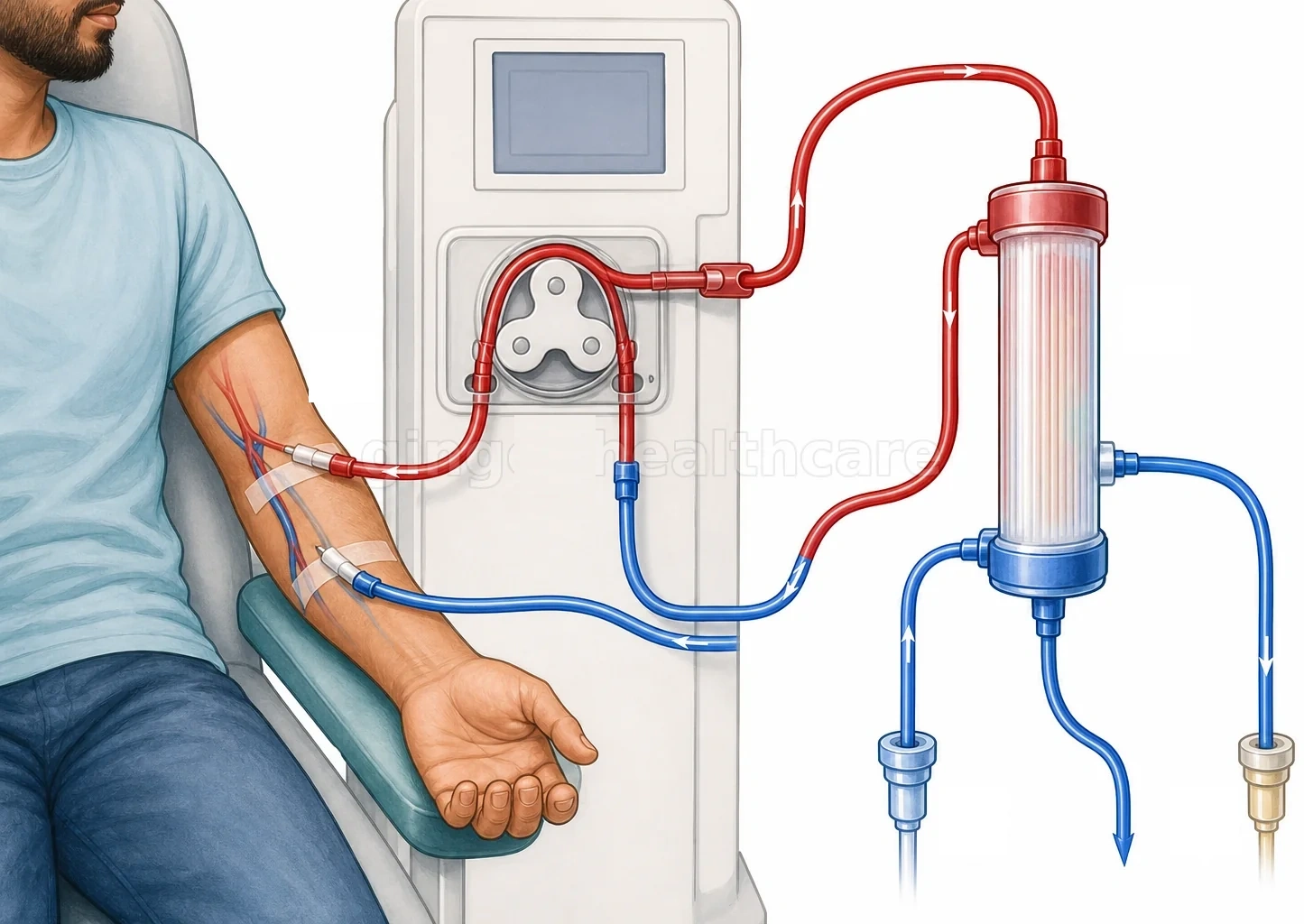 Haemodialysis extracorporeal circuit: blood is drawn from the vascular access, filtered through the dialyser (artificial kidney) and returned purified.
