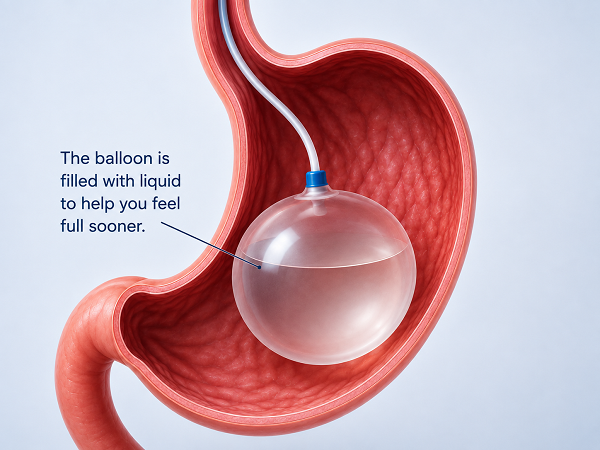 Intragastric balloon placement: the soft silicone balloon is positioned endoscopically and filled with saline to promote early satiety.